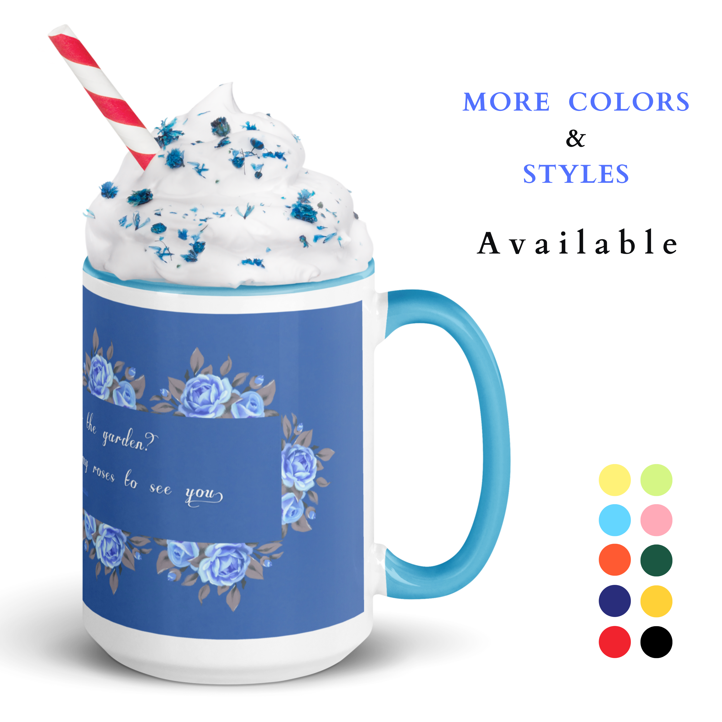 GlossyWhiteCeramicMug_15oz_PeppermintDrink_BlueFloralBand_SkyBlueInterior_RomanticQuote_FrenchCountry_StyleC