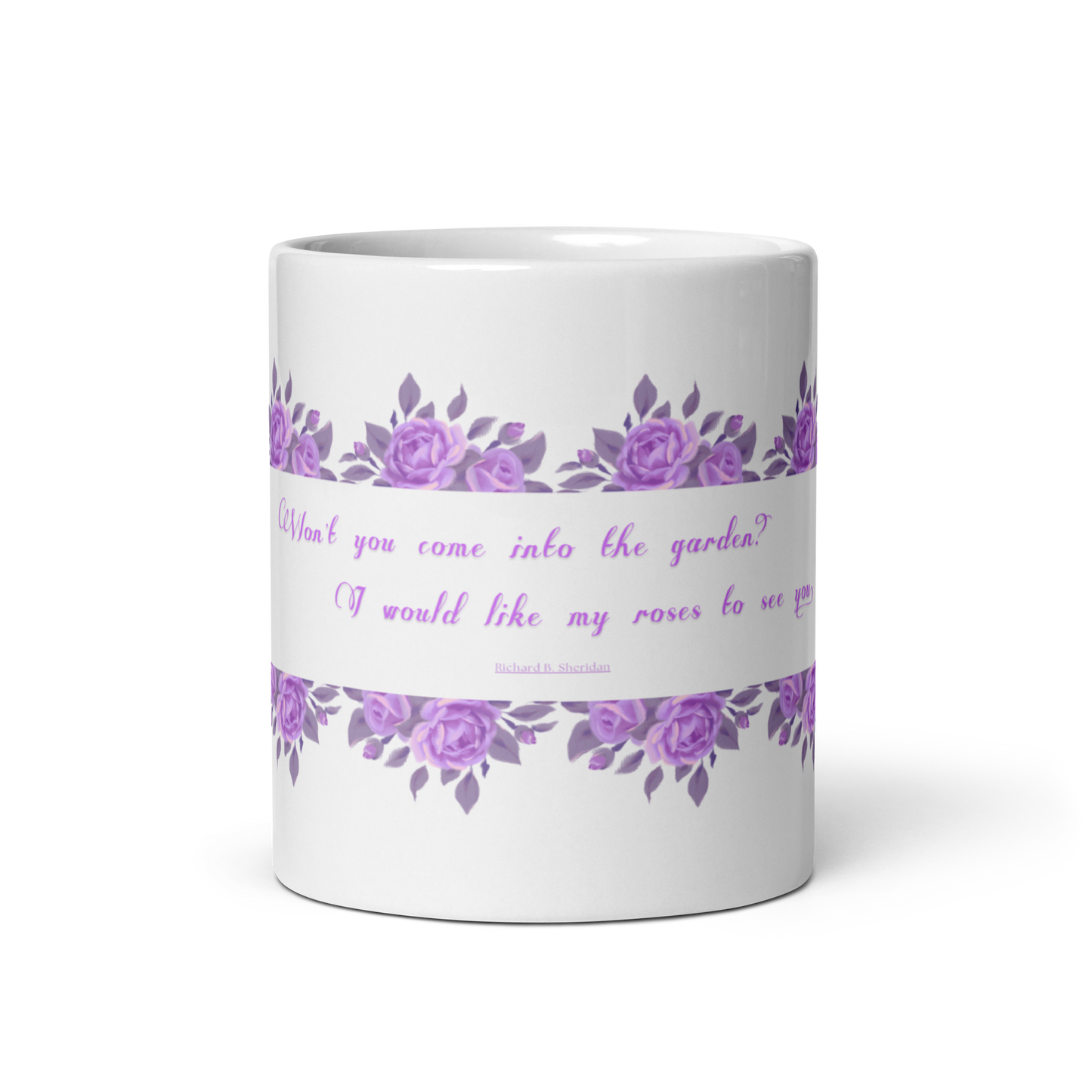 GlossyWhiteCeramicMug_11oz_PinkFloralBand_RomanticQuote_FrenchCountry_StyleA