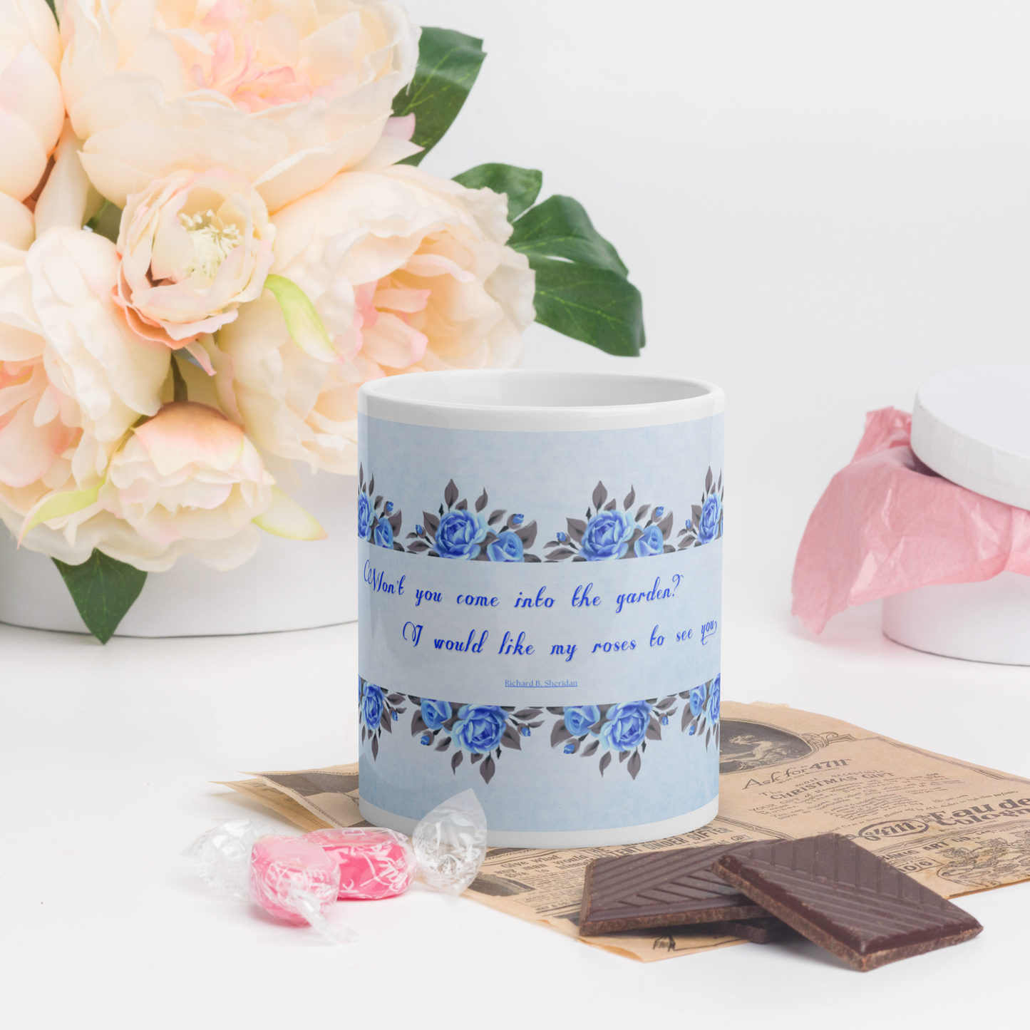 GlossyWhiteCeramicMug_11oz_BlueFloralBand_RomanticQuote_FrenchCountry_StyleB