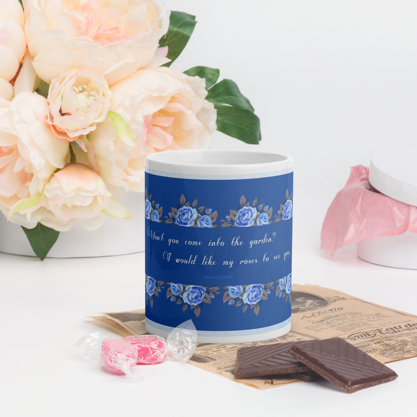 GlossyWhiteCeramicMug_11oz_BlueFloralBand_RomanticQuote_FrenchCountry_StyleC