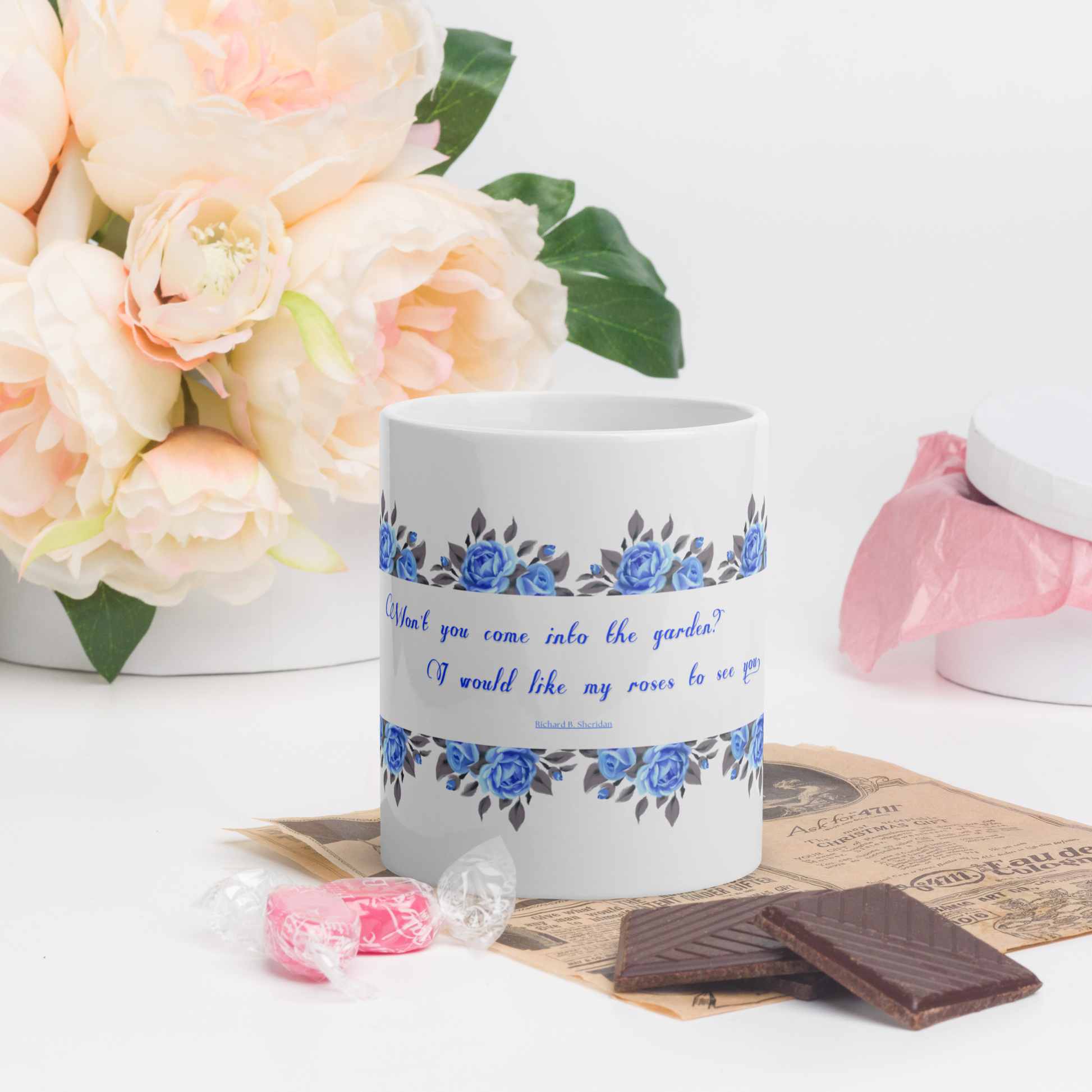 GlossyWhiteCeramicMug_11oz_BlueFloralBand_RomanticQuote_FrenchCountry_StyleA