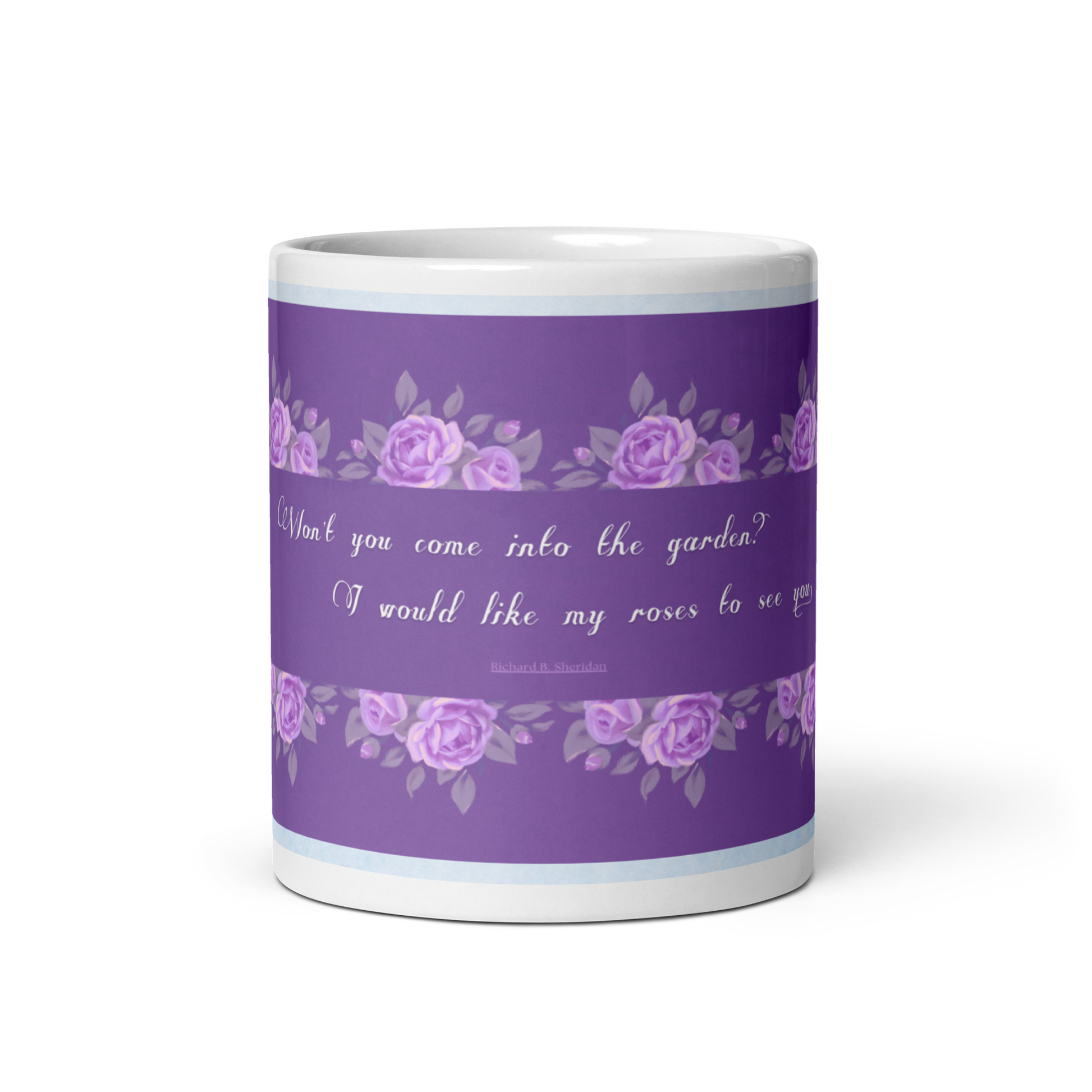 GlossyWhiteCeramicMug_11oz_PinkFloralBand_RomanticQuote_FrenchCountry_StyleC