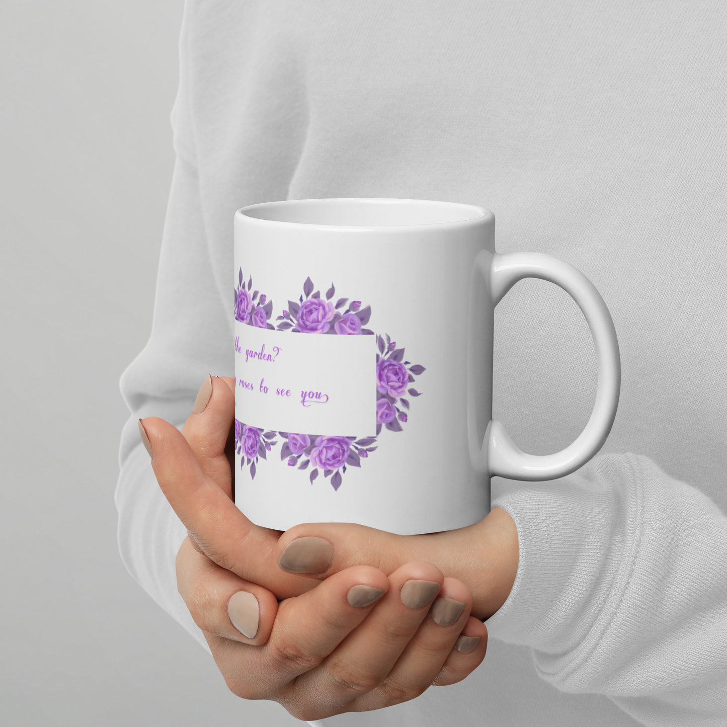 GlossyWhiteCeramicMug_11oz_PinkFloralBand_RomanticQuote_FrenchCountry_StyleA