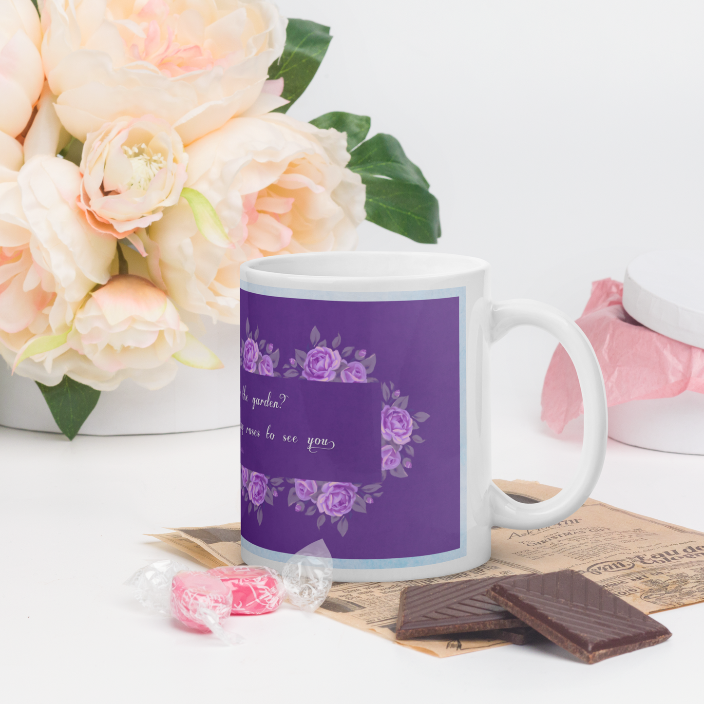 GlossyWhiteCeramicMug_11oz_PinkFloralBand_RomanticQuote_FrenchCountry_StyleC