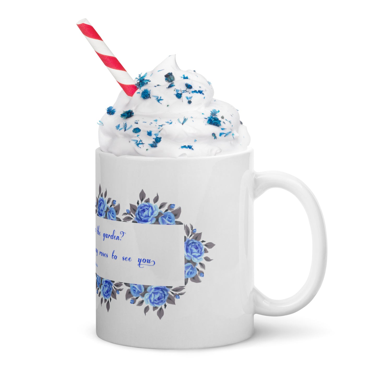 GlossyWhiteCeramicMug_11oz_BlueFloralBand_RomanticQuote_FrenchCountry_StyleA