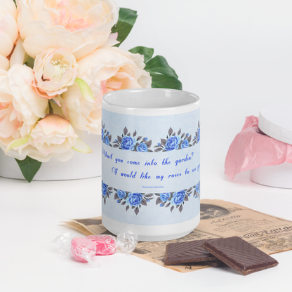 GlossyWhiteCeramicMug_15oz_BlueFloralBand_RomanticQuote_FrenchCountry_StyleB