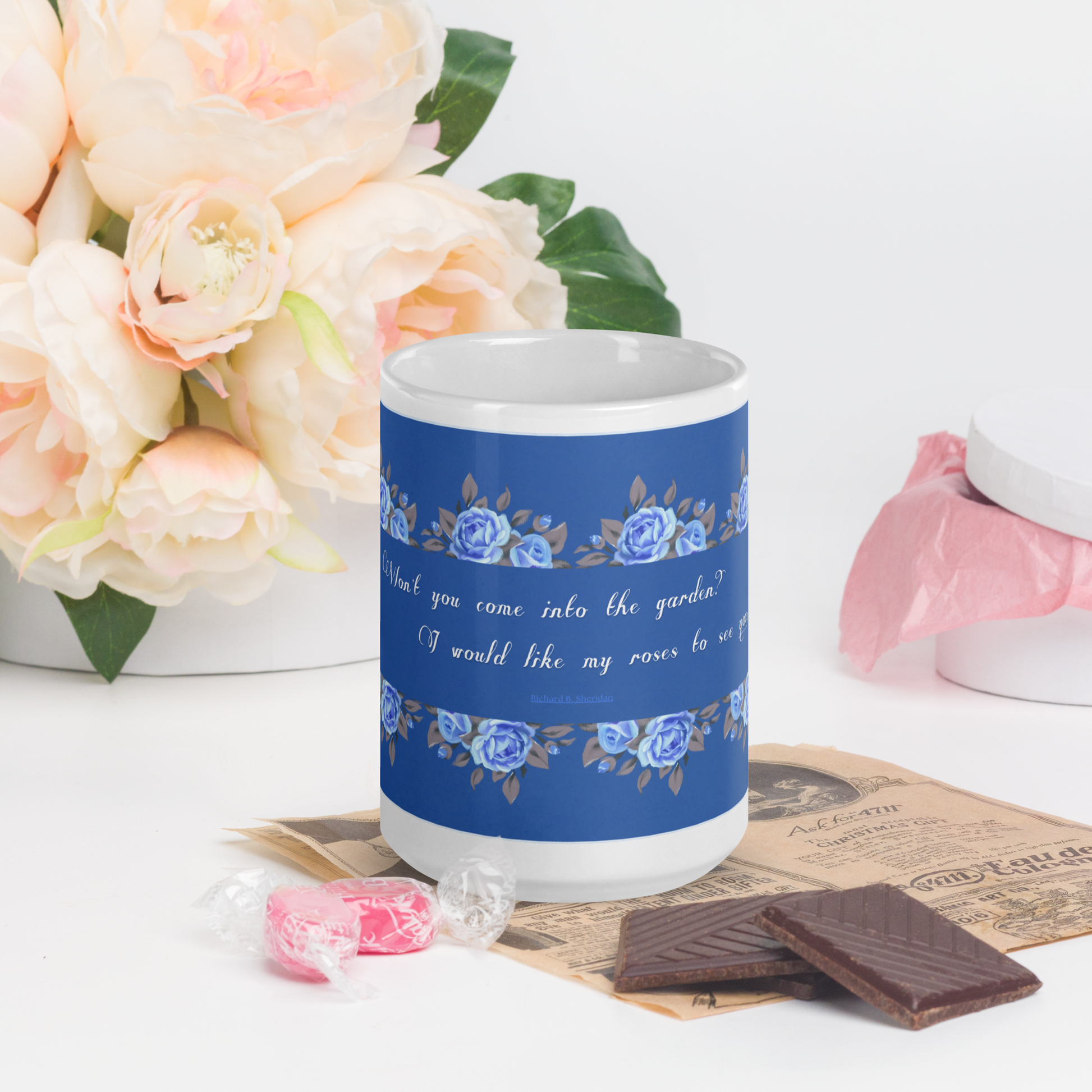 GlossyWhiteCeramicMug_15oz_BlueFloralBand_RomanticQuote_FrenchCountry_StyleC