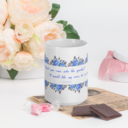 GlossyWhiteCeramicMug_15oz_BlueFloralBand_RomanticQuote_FrenchCountry_StyleA