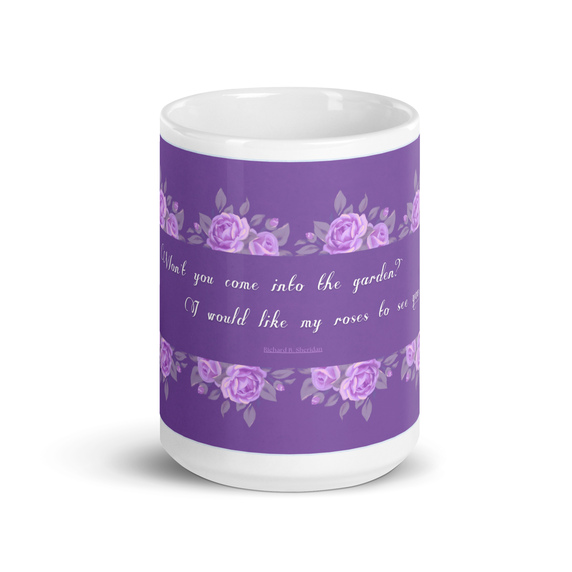 GlossyWhiteCeramicMug_15oz_PinkFloralBand_RomanticQuote_FrenchCountry_StyleC