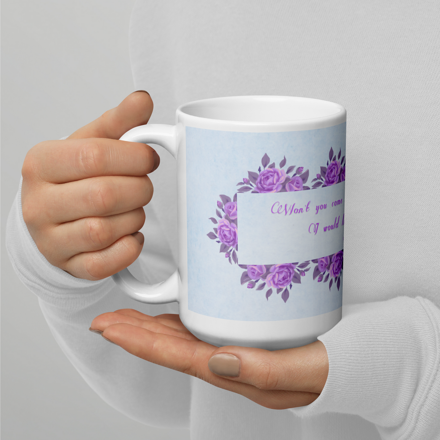 GlossyWhiteCeramicMug_15oz_PinkFloralBand_RomanticQuote_FrenchCountry_StyleB