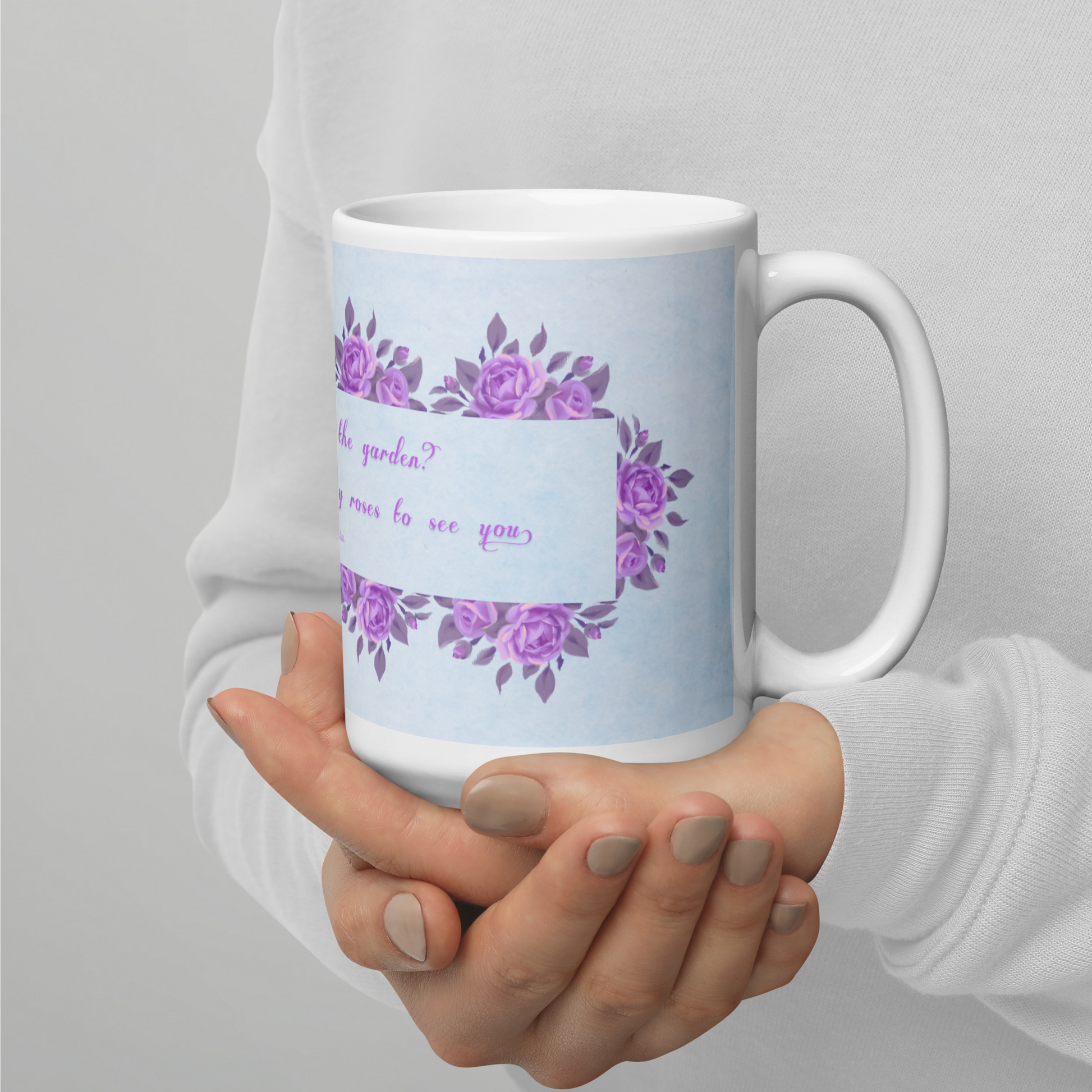 GlossyWhiteCeramicMug_15oz_PinkFloralBand_RomanticQuote_FrenchCountry_StyleB