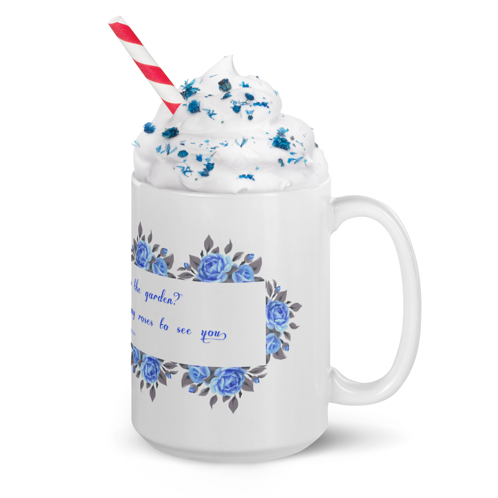 GlossyWhiteCeramicMug_15oz_BlueFloralBand_RomanticQuote_FrenchCountry_StyleA