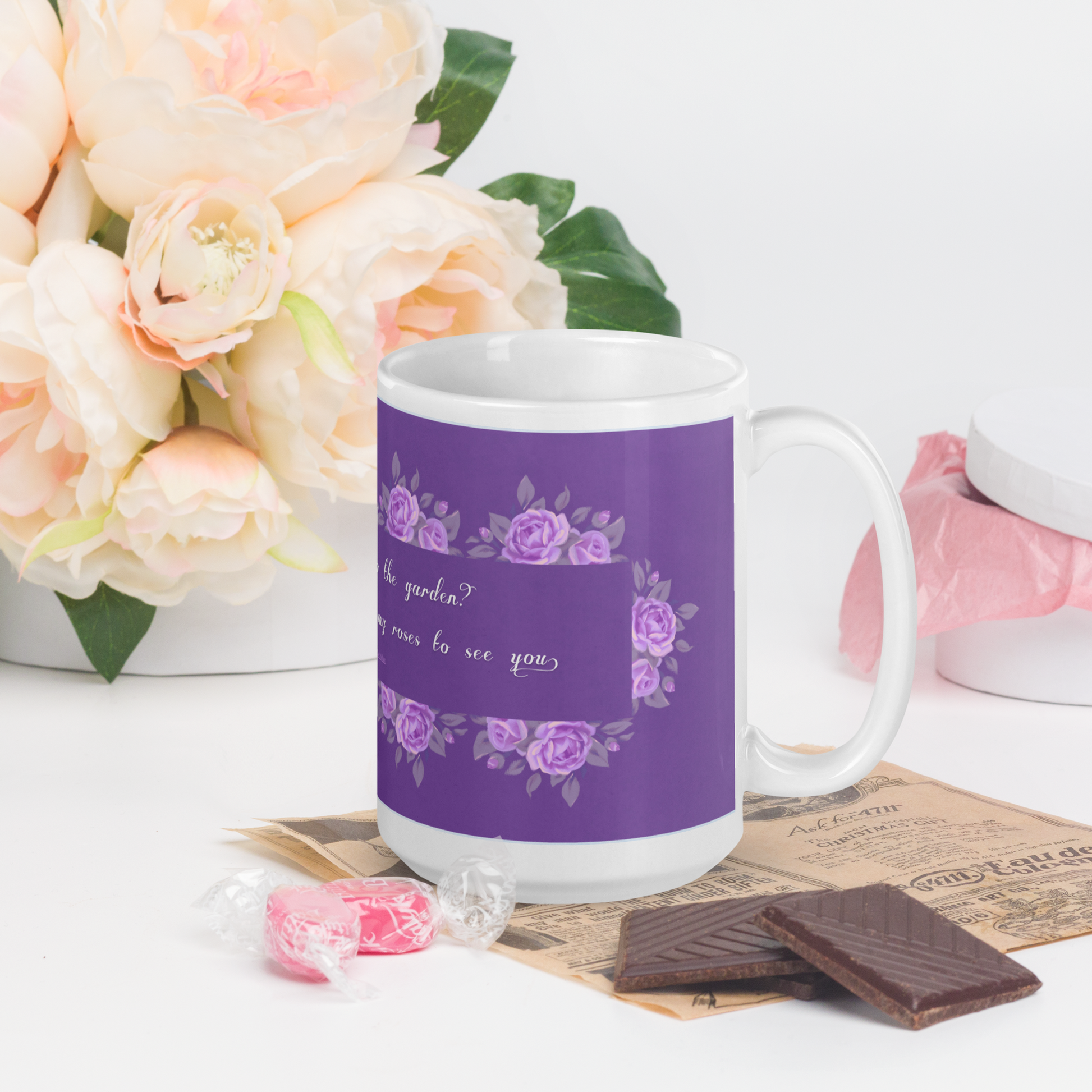 GlossyWhiteCeramicMug_15oz_PinkFloralBand_RomanticQuote_FrenchCountry_StyleC