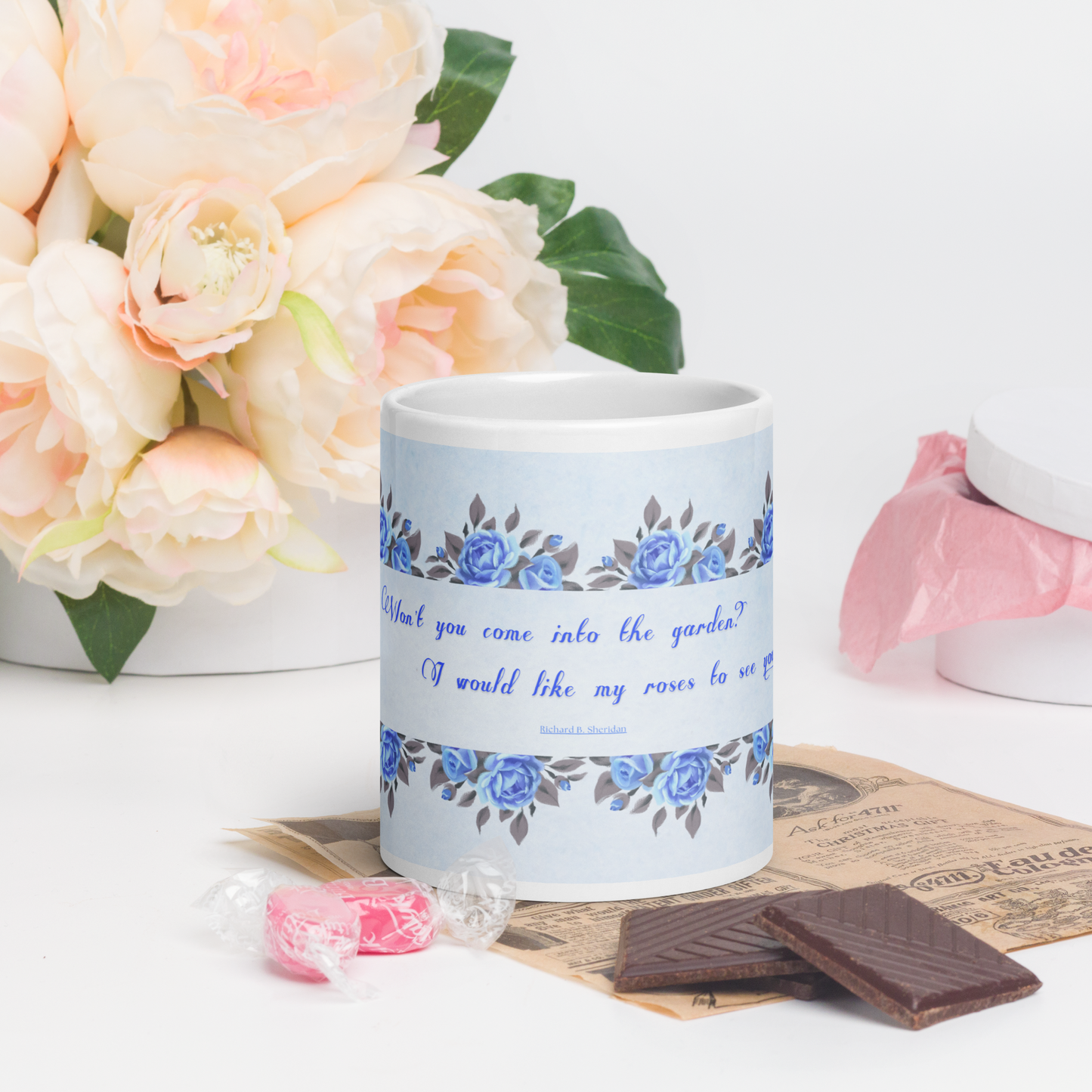 GlossyWhiteCeramicMug_20oz_BlueFloralBand_RomanticQuote_FrenchCountry_StyleB