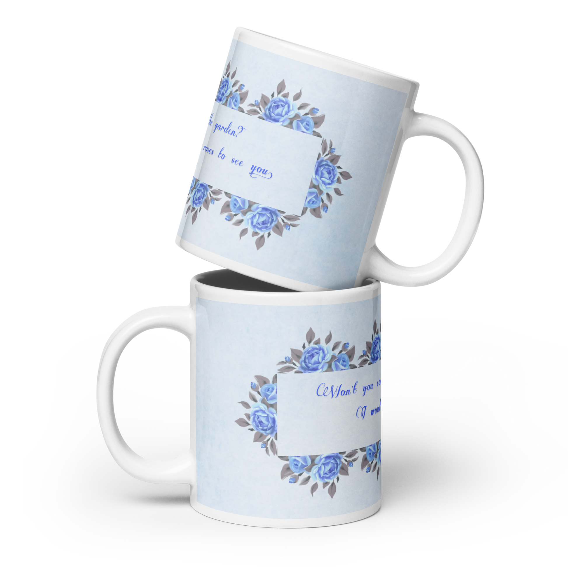 GlossyWhiteCeramicMug_20oz_BlueFloralBand_RomanticQuote_FrenchCountry_StyleB