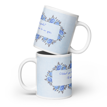 GlossyWhiteCeramicMug_20oz_BlueFloralBand_RomanticQuote_FrenchCountry_StyleB