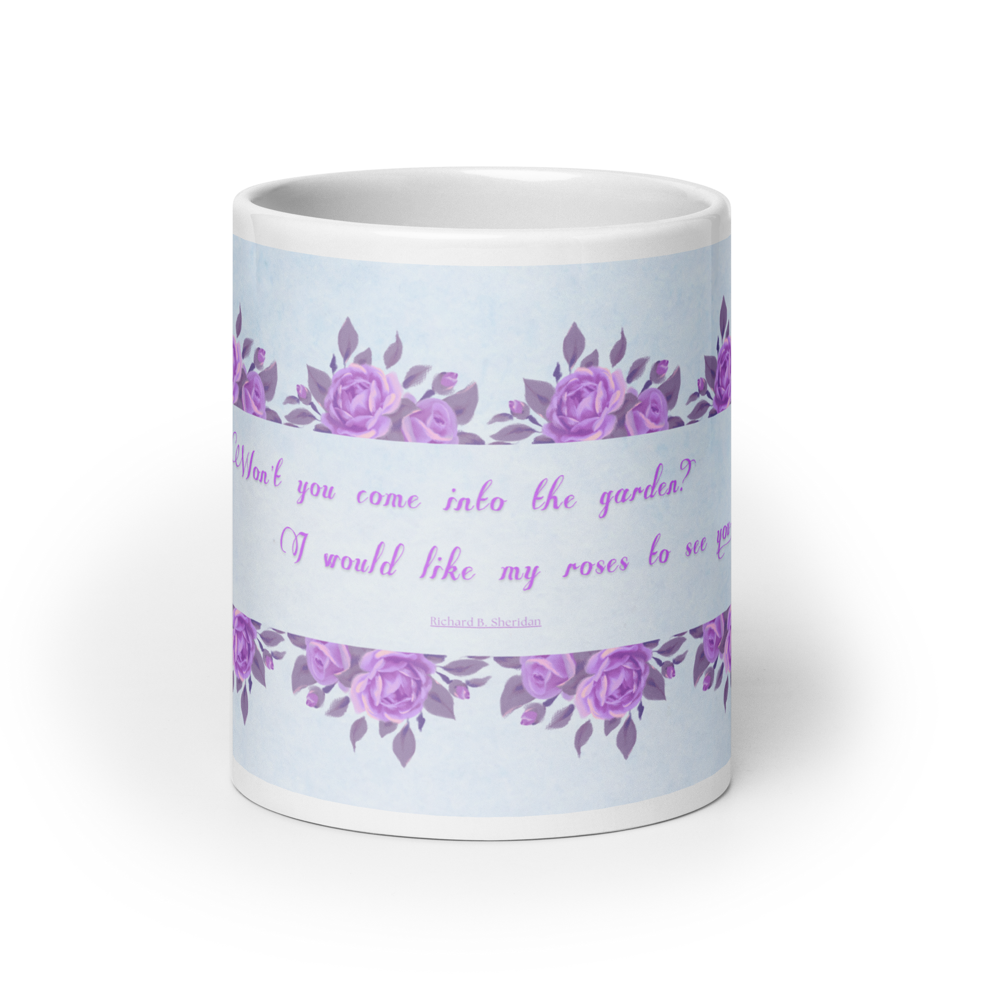 GlossyWhiteCeramicMug_20oz_PinkFloralBand_RomanticQuote_FrenchCountry_StyleB