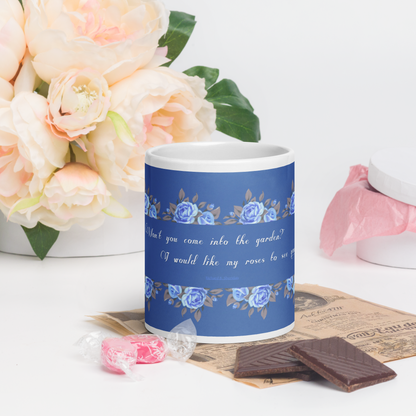 GlossyWhiteCeramicMug_20oz_BlueFloralBand_RomanticQuote_FrenchCountry_StyleC