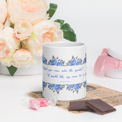 GlossyWhiteCeramicMug_20oz_BlueFloralBand_RomanticQuote_FrenchCountry_StyleA