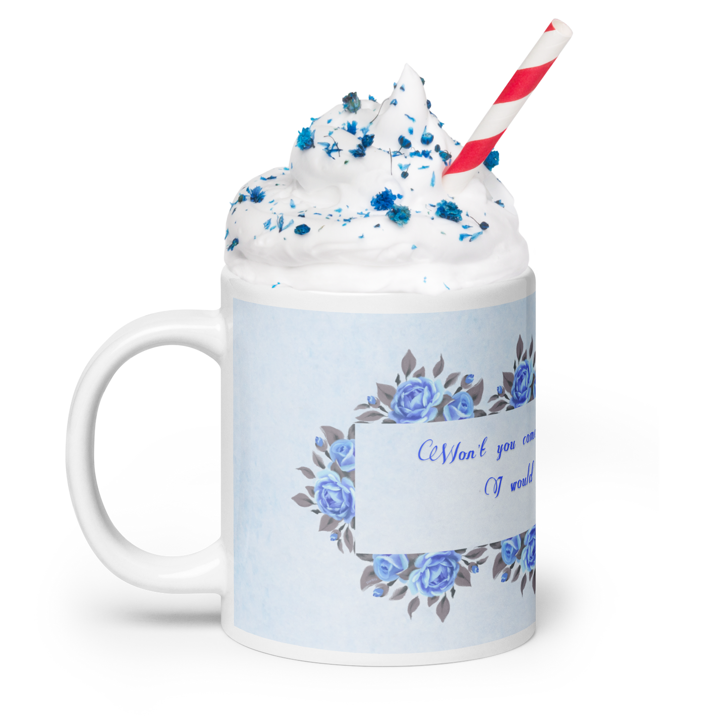 GlossyWhiteCeramicMug_20oz_BlueFloralBand_RomanticQuote_FrenchCountry_StyleB