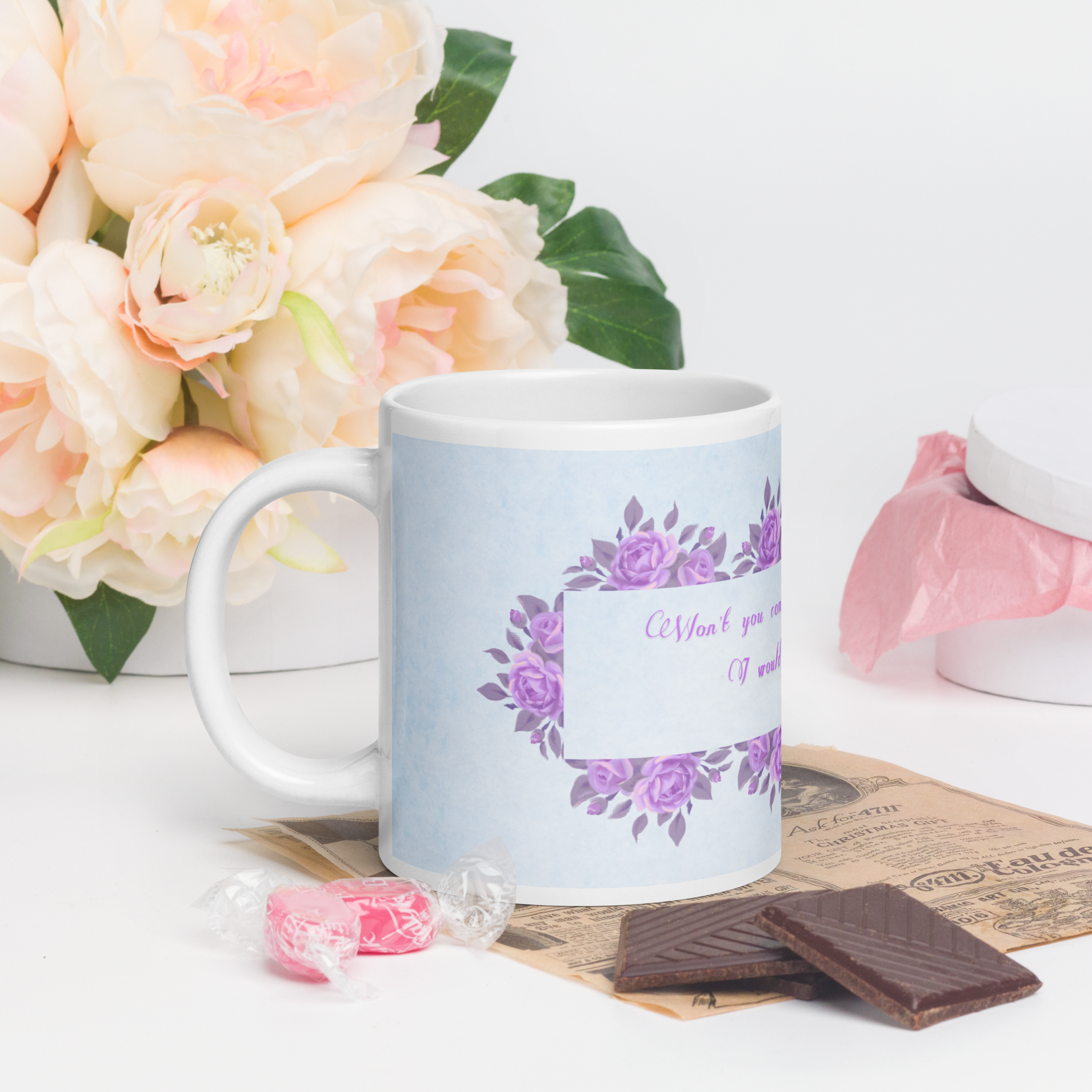 GlossyWhiteCeramicMug_20oz_PinkFloralBand_RomanticQuote_FrenchCountry_StyleB