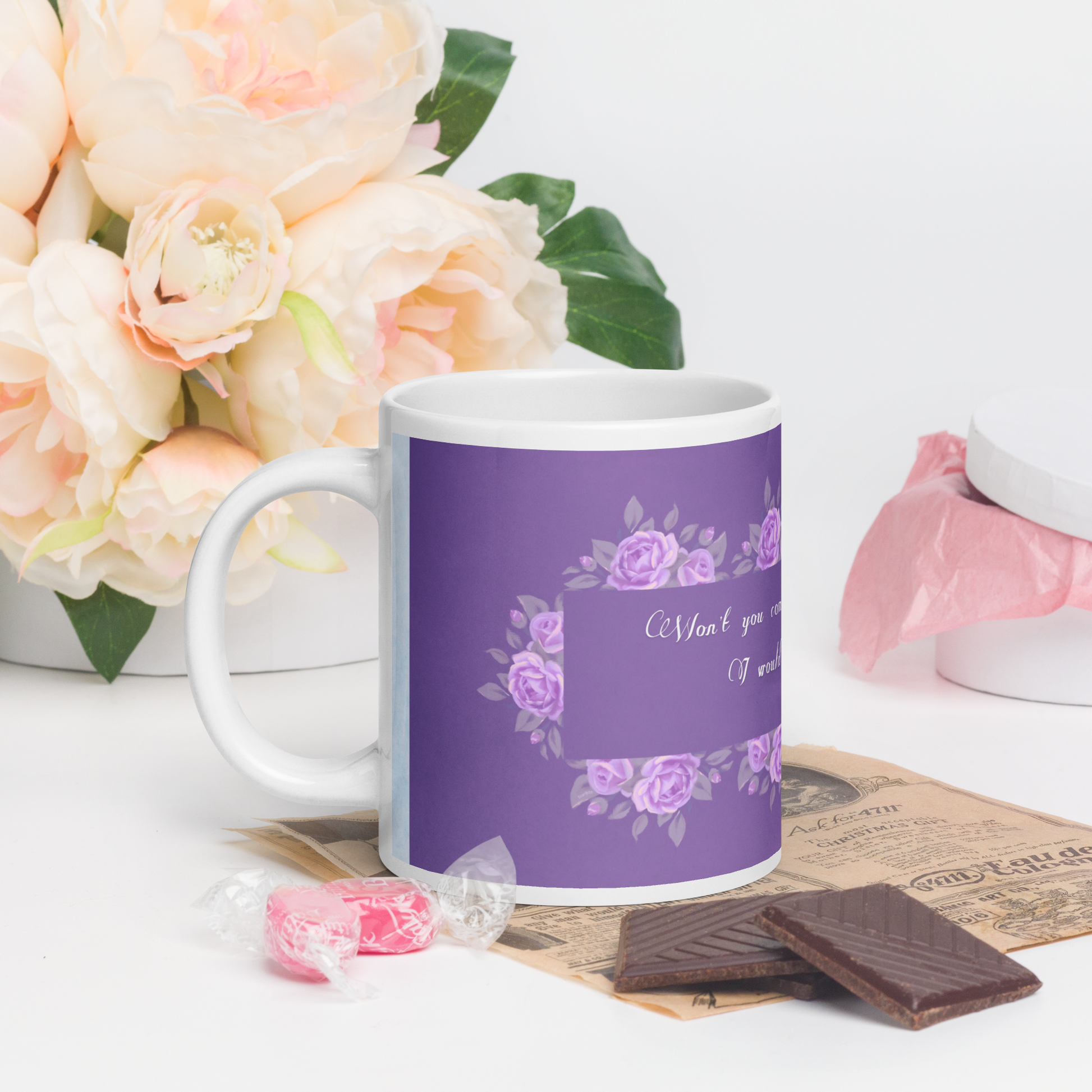 GlossyWhiteCeramicMug_20oz_PinkFloralBand_RomanticQuote_FrenchCountry_StyleC