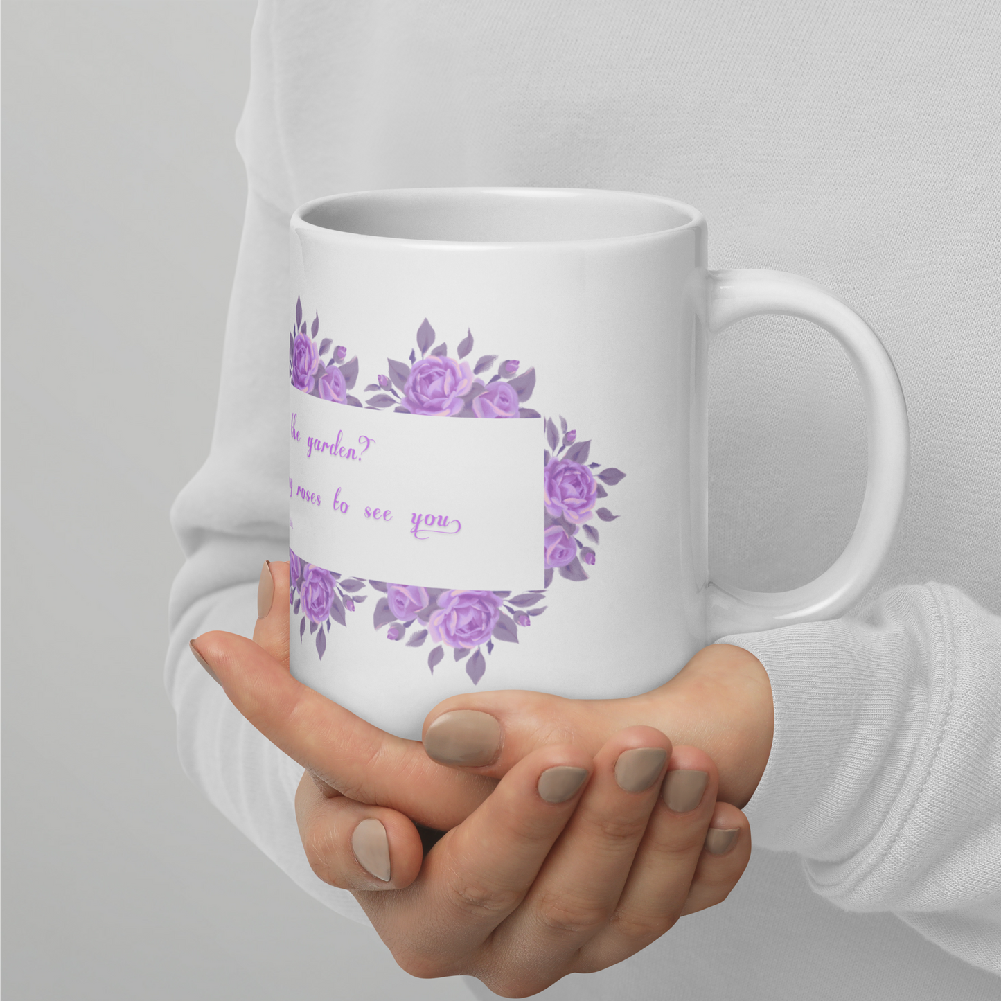 GlossyWhiteCeramicMug_20oz_PinkFloralBand_RomanticQuote_FrenchCountry_StyleA