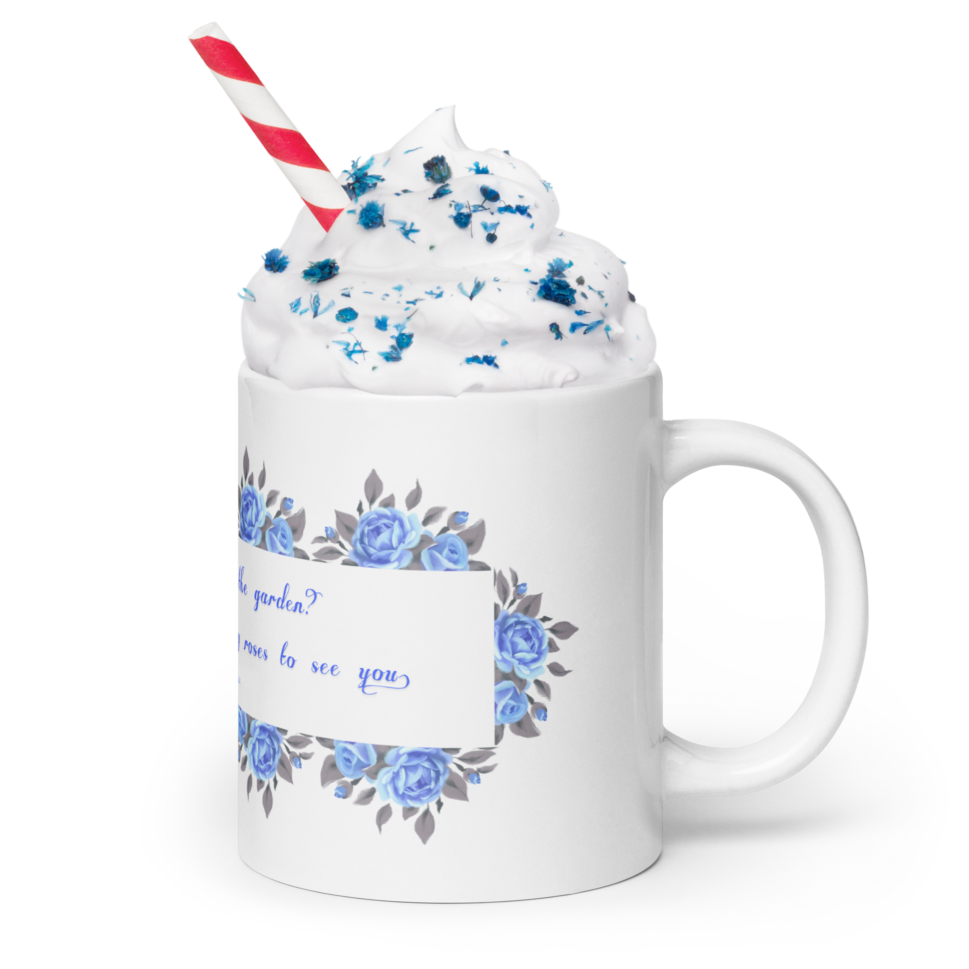 GlossyWhiteCeramicMug_20oz_BlueFloralBand_RomanticQuote_FrenchCountry_StyleA