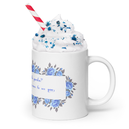 GlossyWhiteCeramicMug_20oz_BlueFloralBand_RomanticQuote_FrenchCountry_StyleA