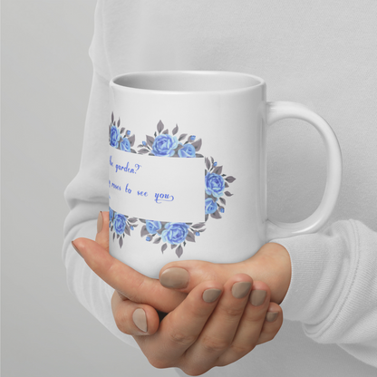 GlossyWhiteCeramicMug_20oz_BlueFloralBand_RomanticQuote_FrenchCountry_StyleA