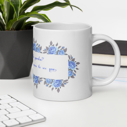 GlossyWhiteCeramicMug_20oz_BlueFloralBand_RomanticQuote_FrenchCountry_StyleA